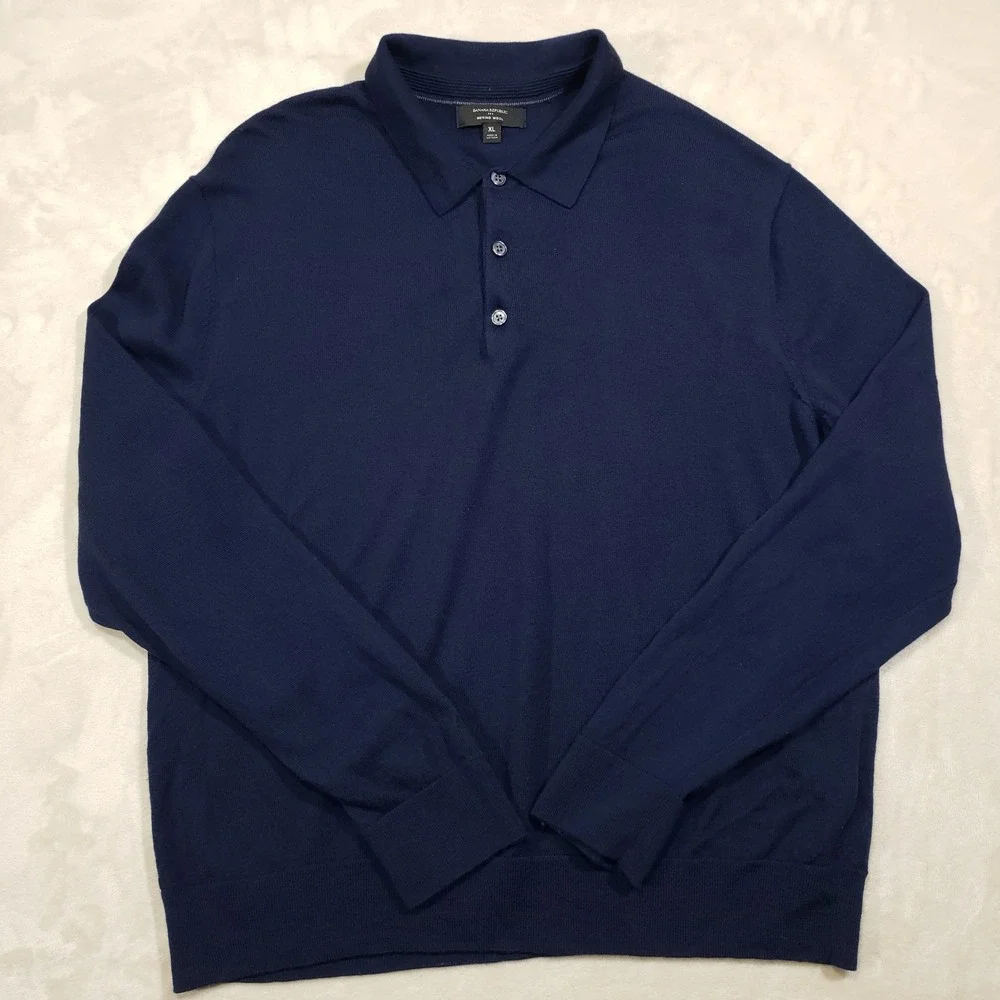 Banana Republic Sweater Polo Men XL Navy Blue Merino Wool Long Sleeve Tight Knit